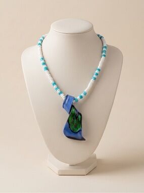 Handcrafted Blue & Green Glass Pendant shell Beaded Necklace